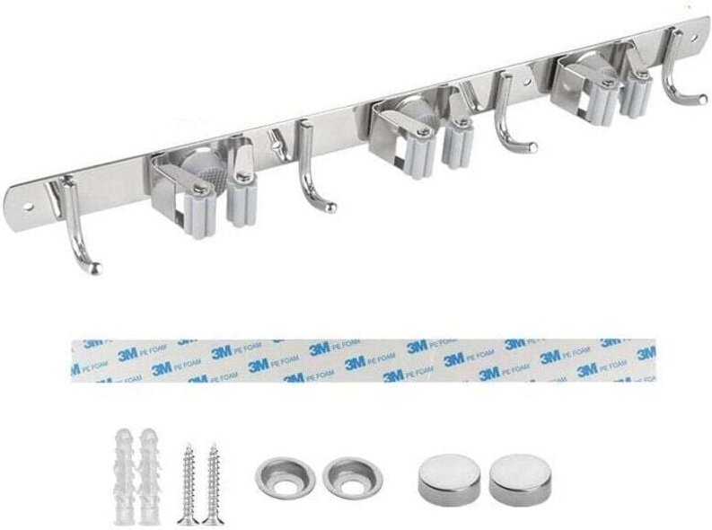 Linghhang - Besenhalter zur Wandmontage, Edelstahl, selbstklebender Besenhalter mit Haken, multifunktionaler Besenschran...