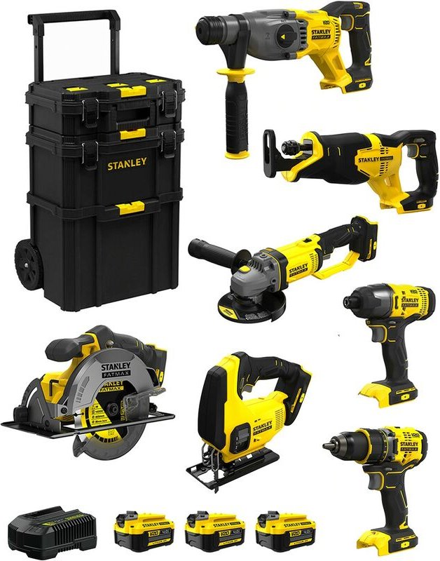 Stanley - FatMax Kit SVK705 (SFMCH900 + SFMCG400 + SFMCD720 + SFMCF800 + SFMCS500 + SFMCS600 + SFMCS300 +3x4,0Ah+Ladeger...