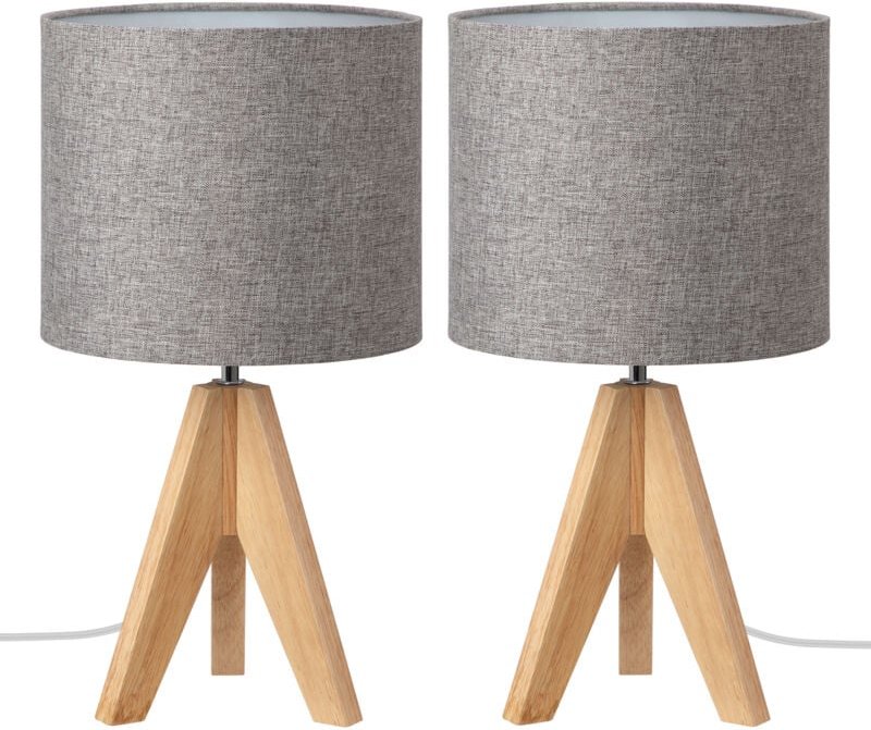 Thumbnail - 2er Set Nachttischlampe aus Holz, E27 Fassung, Leinenschirm, Stativ Tischlampe Grau - Edishine