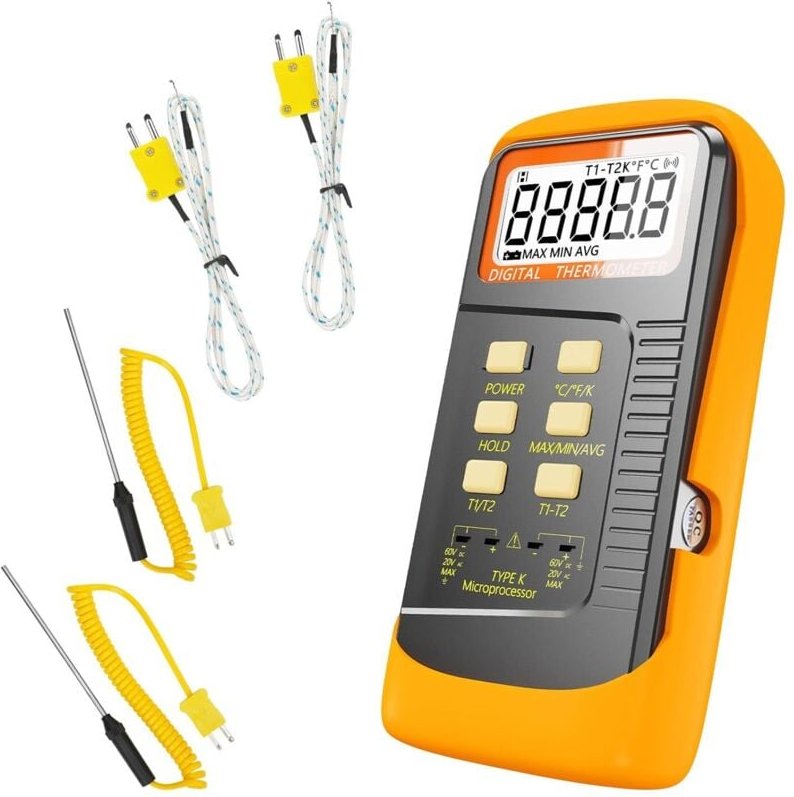 Tragbares Thermoelementthermometer, 2 Kanäle, Thermoelementsonde Typ K und 4 Thermoelemente, Messbereich -50 °C bis 1370...