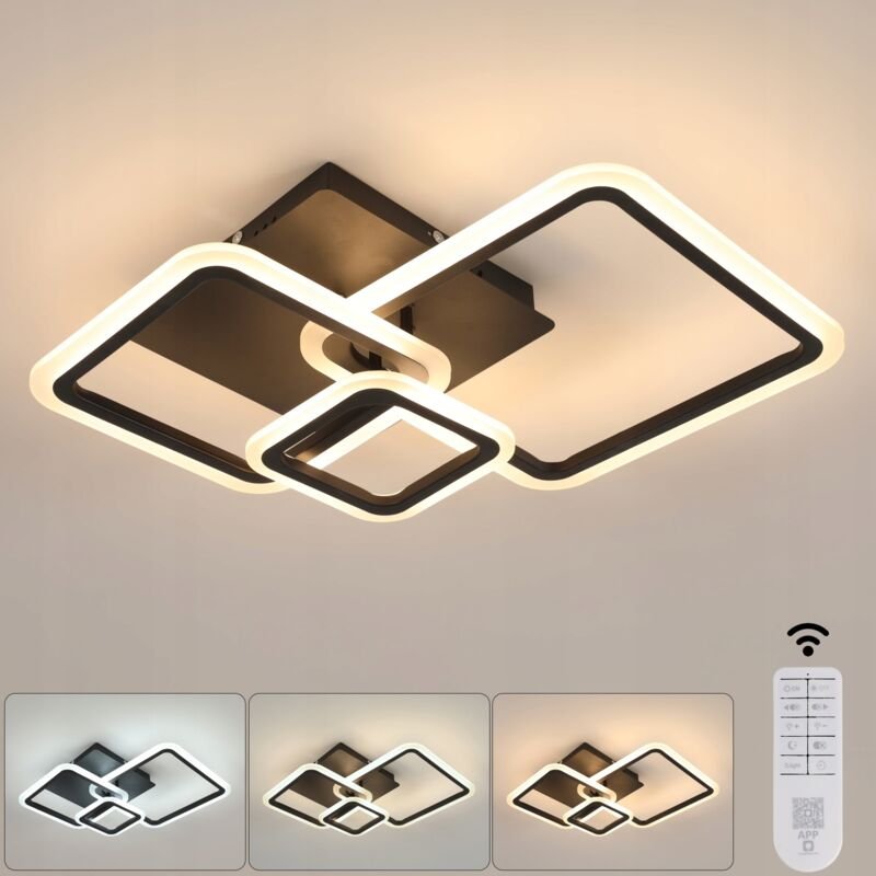 GOECO Dimmbare LED-Deckenleuchte, 33 W, quadratischer Kronleuchter mit Fernbedienung, Memory-Funktion, 3000 K – 6500 K, ...