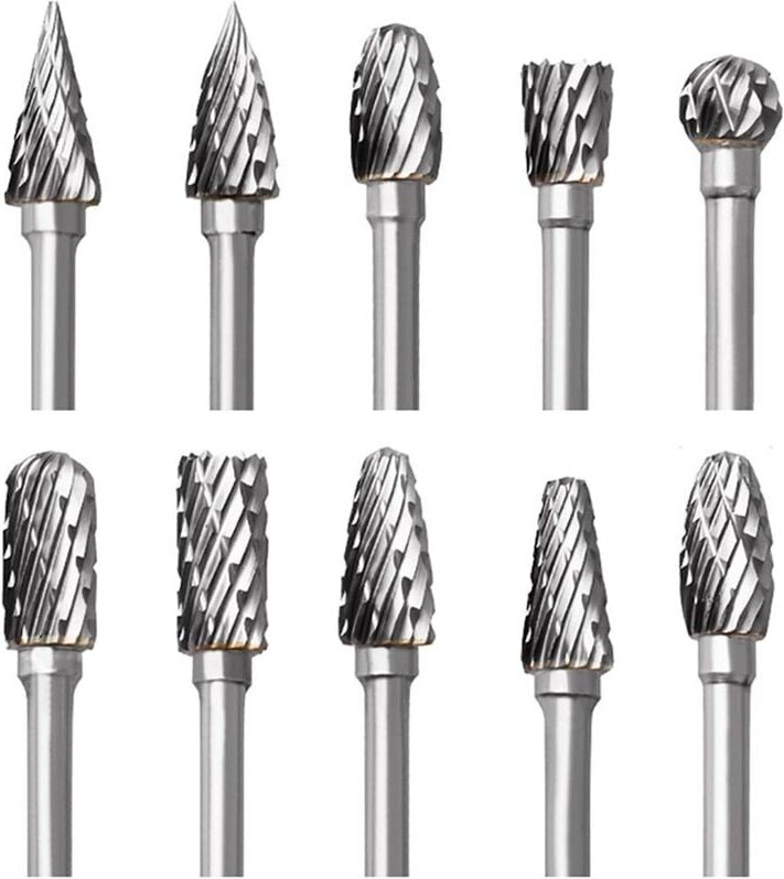 Jeu de Fraises en Carbure de Tungstène pour Dremel, 10 Pièces Fraises Rotatives à Double Coupe avec Tige de 1/8' pour Sc...