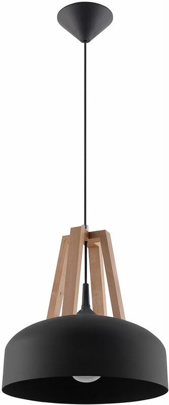 Pendelleuchte schwarz Hängeleuchte natur Holz Wohnzimmerlampe Decken Hängelampe, Metall rund,1x E27, DxH 30x100 cm