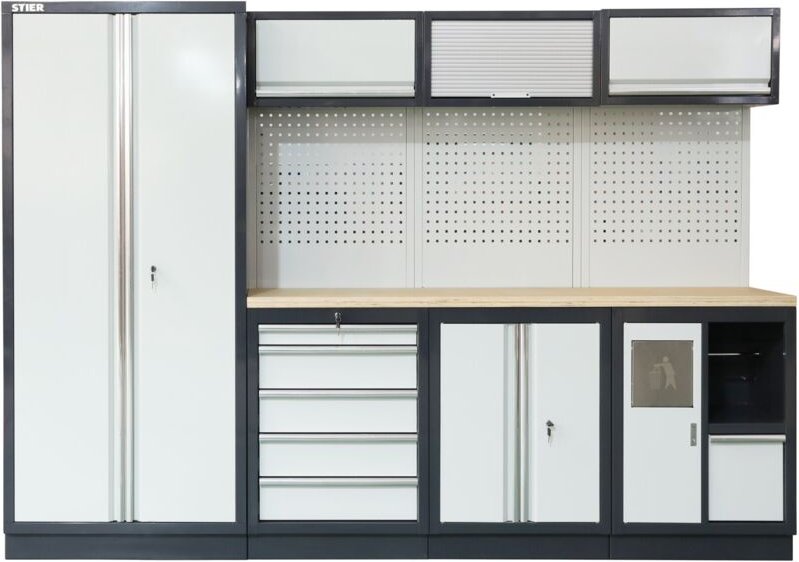 Werkstatteinrichtung Basic, 4-teilig, modular, mit Lochwand und Multiplex-Arbeitsplatte, hydraulische Hängeschränke, int...