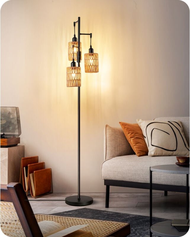 Edishine - Stehlampe mit Fußschalter, Standleuchte Dimmbar mit led E27 Leuchtmittel, 3 Käfig Lampenschirm aus Rattan