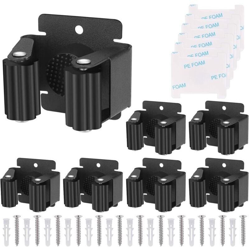 Wandmontierter Besenhalter mit 6 Halterungen, aus robustem schwarzem Edelstahl 304, ideal für Badezimmer, Küche, Garage ...