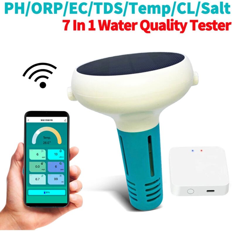 WiFi 7-in-1 Wasser-Tester: PH/ORP/EC/TDS/Salz/Temp/Chlor – Monitor für Pool und Spa, Digitalanzeige, Mobile App, Fernanz...