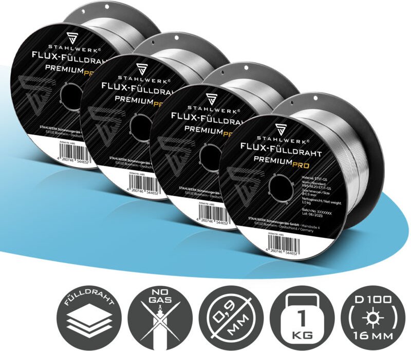 STAHLWERK Fülldraht 4er Set FLUX E71T-GS 0,9 mm 1 kg Drahtrolle D100 MIG MAG