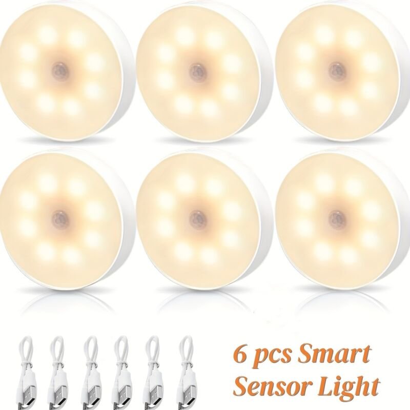 6er-Pack 8 LEDs Induktions-Nachtlicht, Bewegungssensor-Nachtlicht, über USB wiederaufladbar, magnetische Adsorption, für...