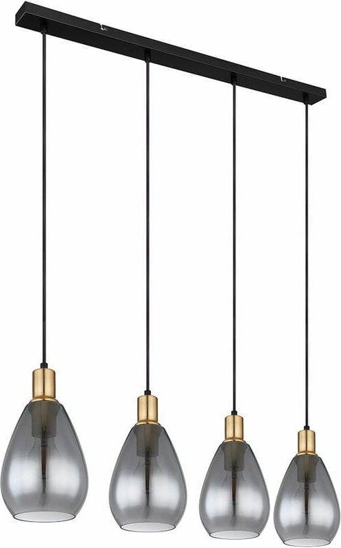 Hängelampe Pendelleuchte rauchglas 4 Flammig schwarz Wohnzimmer Deckenleuchte hängend, Metall messing, E27 Fassungen, Lx...