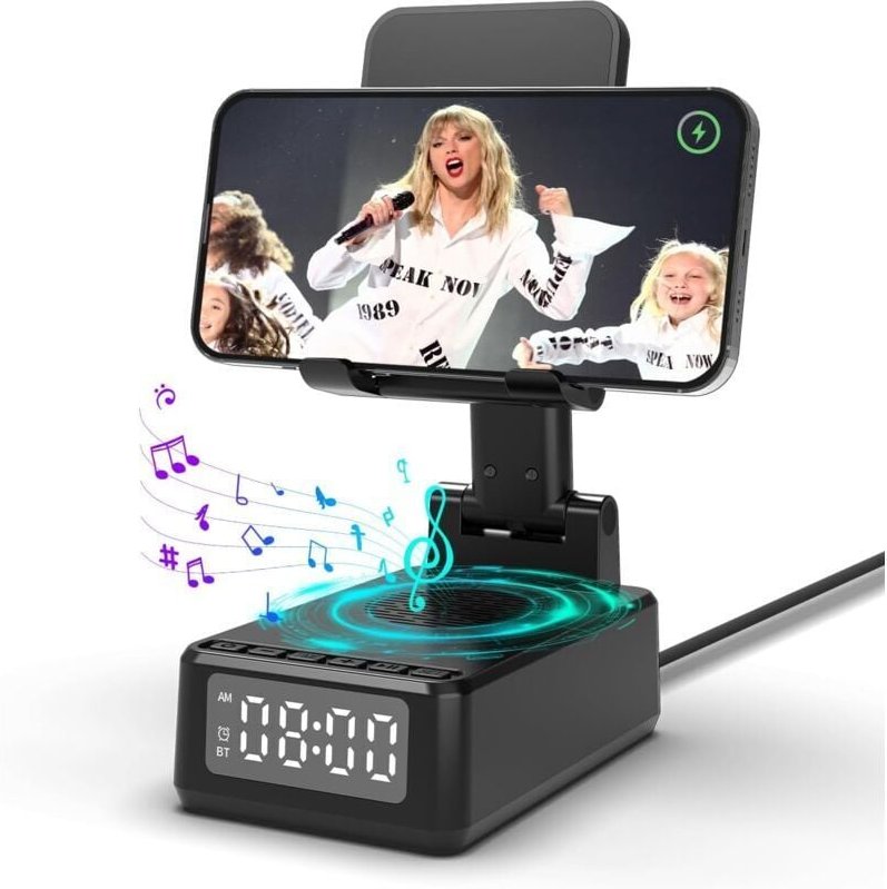 Mumu - Tragbarer 5-in-1-Bluetooth-Lautsprecher, Morgenwecker, kabelloses Ladegerät, faltbare Halterung für Büro-Handy, G...