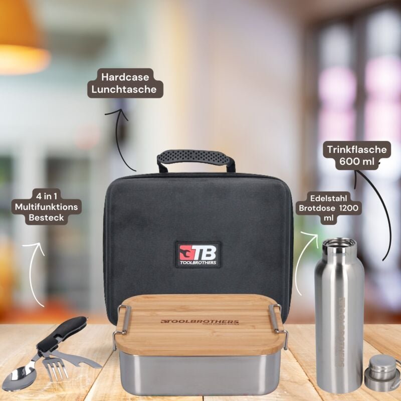 Toolbrothers - Fan Lunchpaket in Hardcase Tragetasche Lunchtasche Wasserdicht mit Edelstahl Brotdose & Bambus Deckel 120...