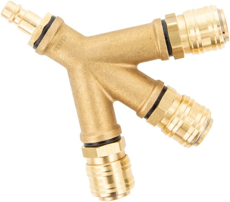 Druckluft 3-Wege-Verteiler NW 7,2 Y-Form, Eingang Stecktülle, Messing blank