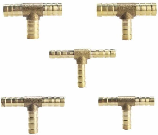 (8 mm) 5 Stück Messing 3-Wege T-förmige Kraftstoffschlauchverschraubung für Druckluft-Gasschläuche