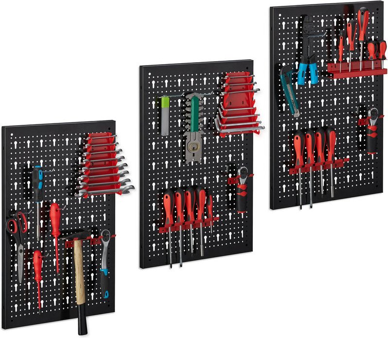 Werkzeugwand 3-teilig, inkl. 17-teiligem Werkzeughalter Set, Lochwand HxB je 60 x 39 cm, Metall, schwarz-rot - Relaxdays