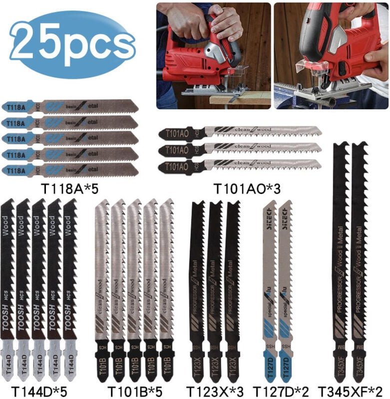 Fitags - 25-teiliges Stichsägeblatt-Set zum Schneiden von Metall, Holz, pvc usw. T118A / T144D / T101B/T123X / T101AO/T1...