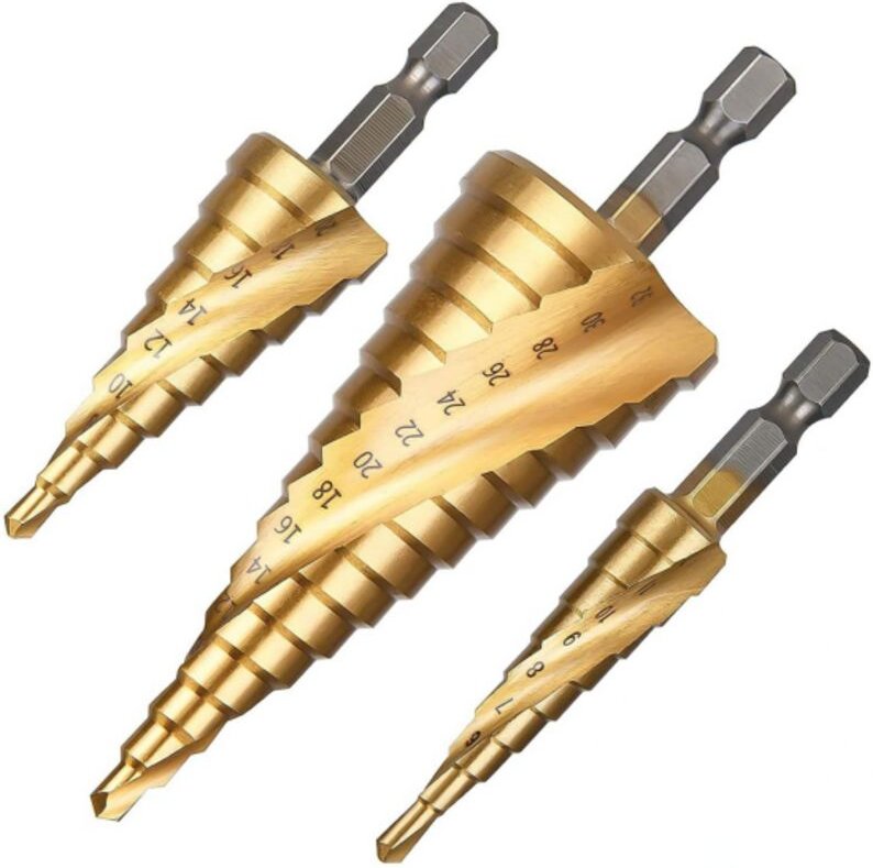 3-teiliger Stufenbohrer mit Spiralnut, 4-12/20/32 mm HSS-Stufenbohrer aus titanbeschichtetem Schnellarbeitsstahl zum Boh...