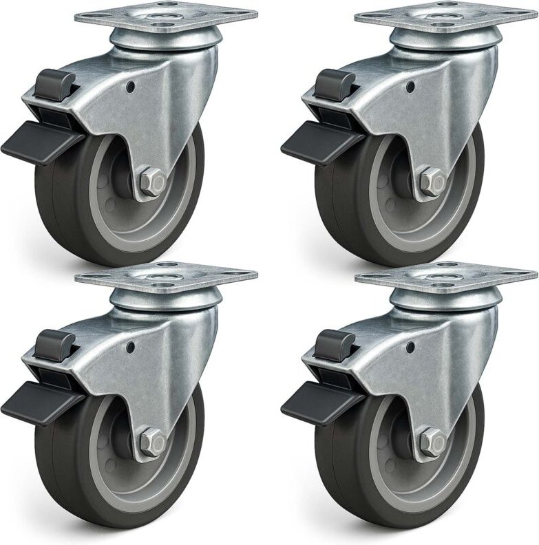Wiltec - Lenkrollen Set 4x Transportrolle Ø75mm bis 75kg pro Rad mit Kunststoffrad, Bremse und Anbauplatte, leiser Lauf,...