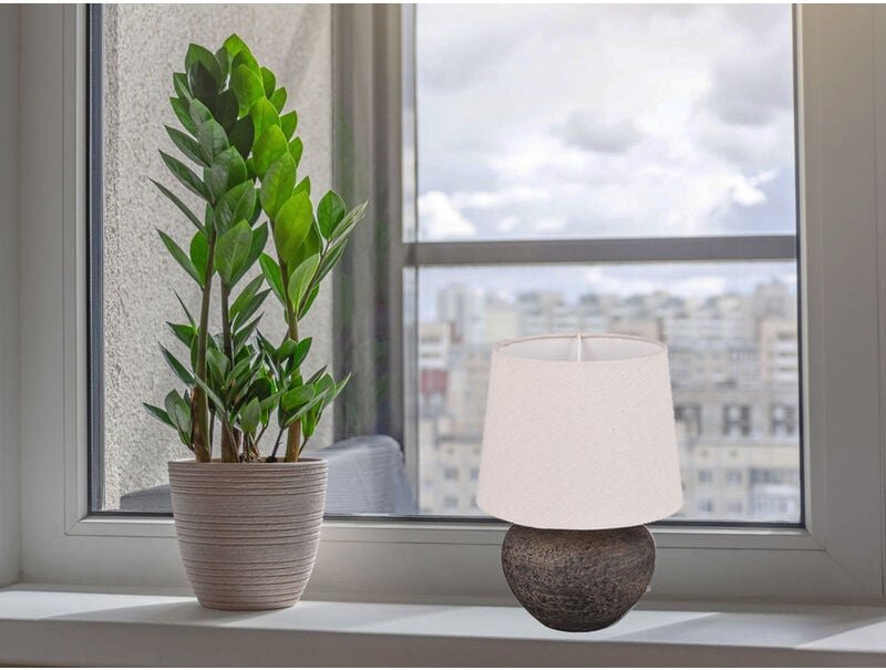 Meinewunschleuchte - Rustikale Keramik led Tischleuchte braun Stoffschirm in beige, Höhe 25cm