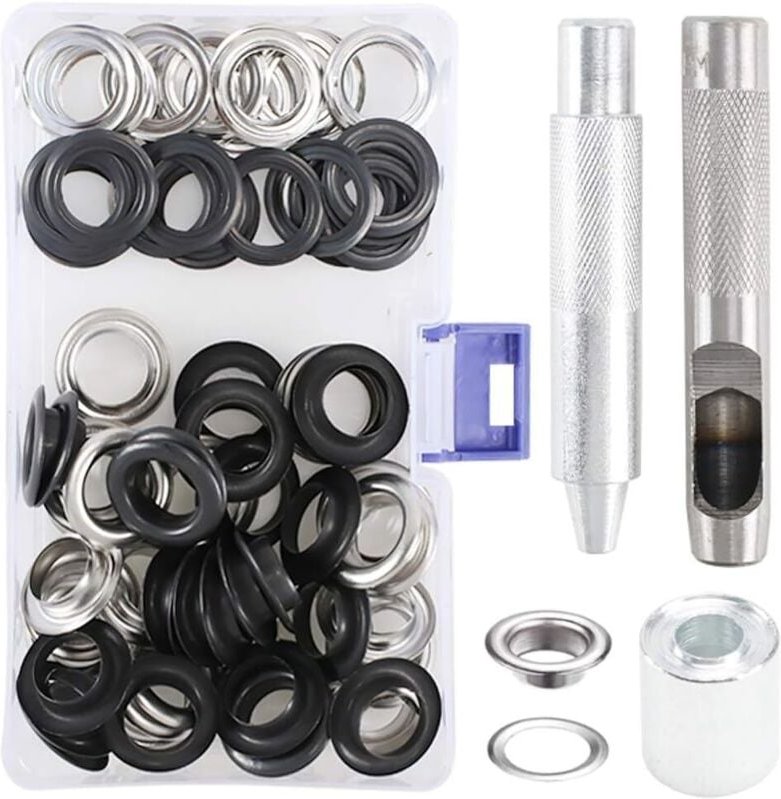 103-teiliges Metallösen-Set, Reparaturwerkzeuge für Planen, Vorhänge und Kleidung, Schwarz und Silber