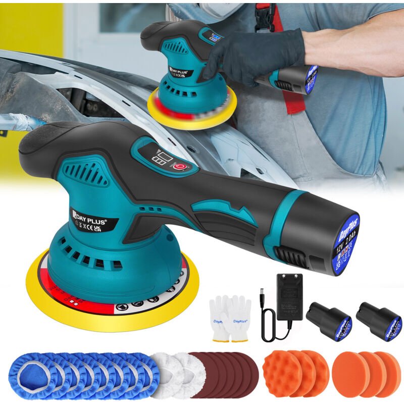 Dayplus - Exzenter Poliermaschine Auto Polierer Poliergerät 150mm Politur +2 akku &Zubehör