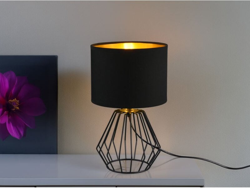 Reality - Tischleuchte chuck mit Gitterkorpus und Stoffschirm in Schwarz/Gold, Höhe 34cm