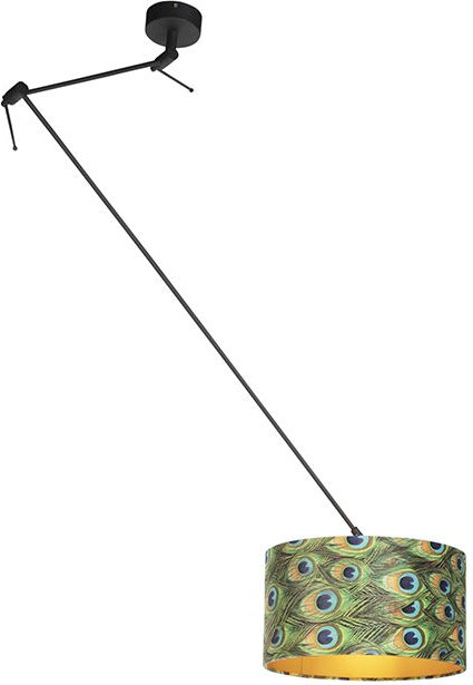 Hängelampe mit Veloursschirm Pfau mit Gold 35 cm - Blitz i schwarz