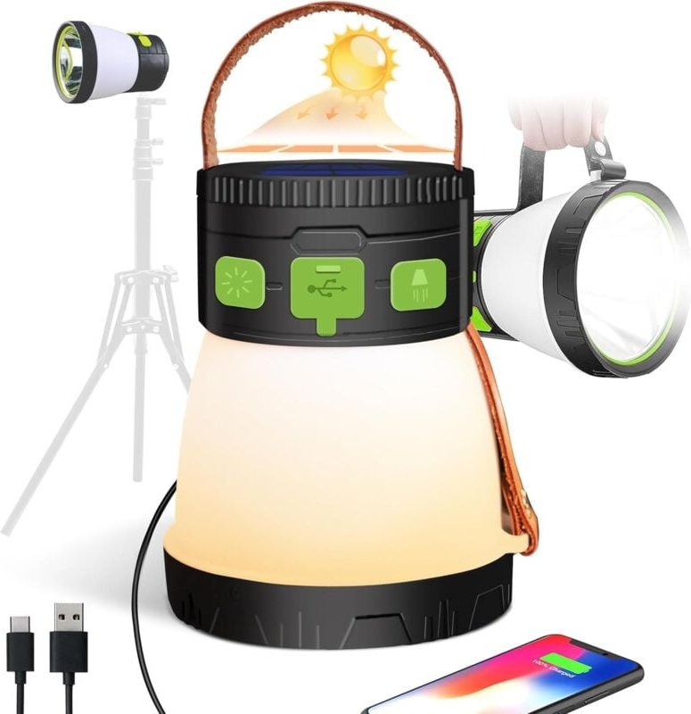 Qiedie - Solar-Camping-Laterne, 7800 mAh, wiederaufladbar, 1500 Lumen, 8 Helligkeitsmodi mit rgb und Taschenlampe für No...