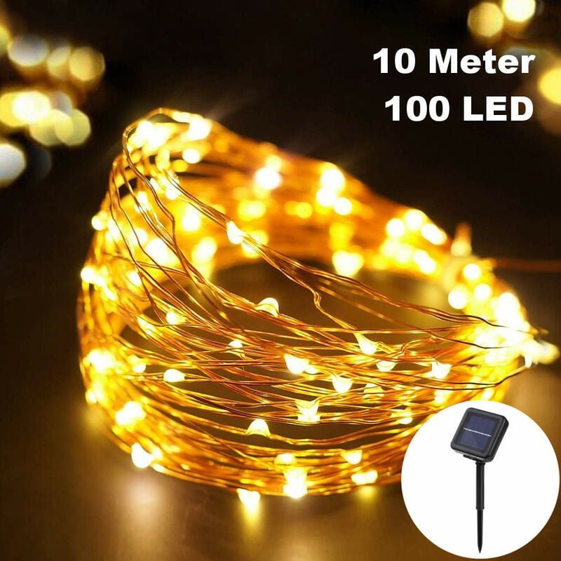 Thumbnail - 100 led / 10 Meter Solar Draht-Lichterkette Deko Warm-Weiß zum Schmücken Deko Party Licht Beleuchtung