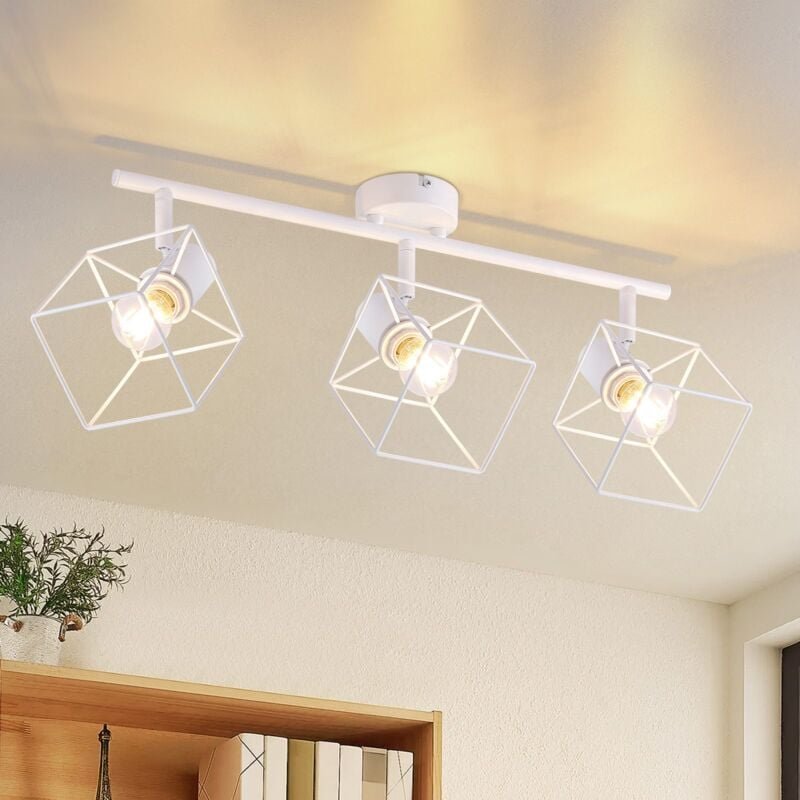 Deckenstrahler Deckenlampe 3 Flammig Weiß - E14 Deckenleuchte 350° Schwenkbar Vintage Lampe Metall Deckenspots Schlafzim...