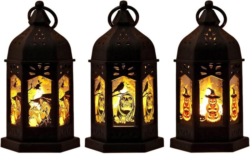 3 Stück Halloween-Kerzenlaternen, LED-Hängelaterne, tragbare batteriebetriebene Lampe, Halloween-Party-Dekoration