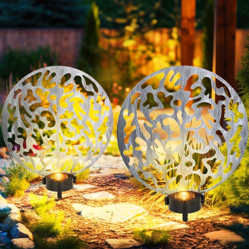 Solar Steckleuchte Solarlampe rund Außenlampe Gartendeko Erdspieß, Lichteffekt, Metall silber antik, 2x led warmweiß, Lx...