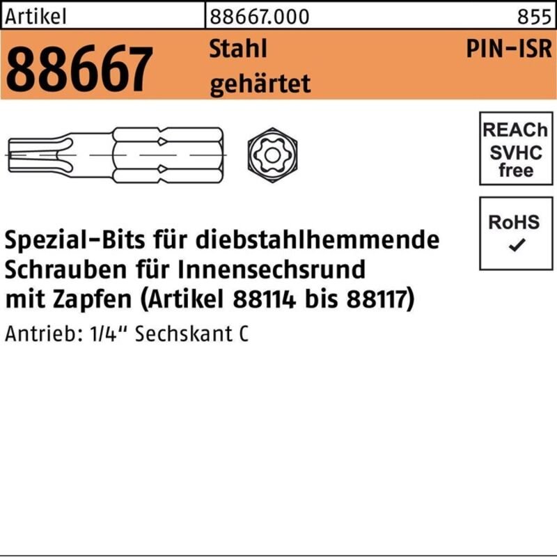 Bit R 88667 Innensechsrund m.Zapfen T 27 Stahl gehärtet