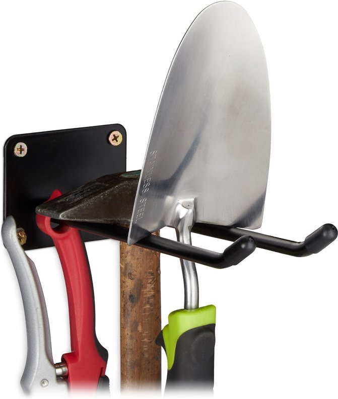 Gerätehalter Wandhalterung, Doppelhaken, Besenhalter, Spatenhalter zum Anschrauben, Wand, Stahl, 24cm, schwarz - Relaxda...