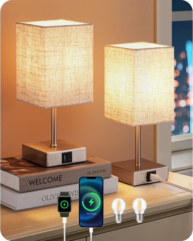 EDISHINE LED Nachttischlampe Touch 3-fach Dimmbar 2er Set, 2 USB Anschlüsse (A+C), 2700K Warmweiße, H28cm, E27-Fassung, ...