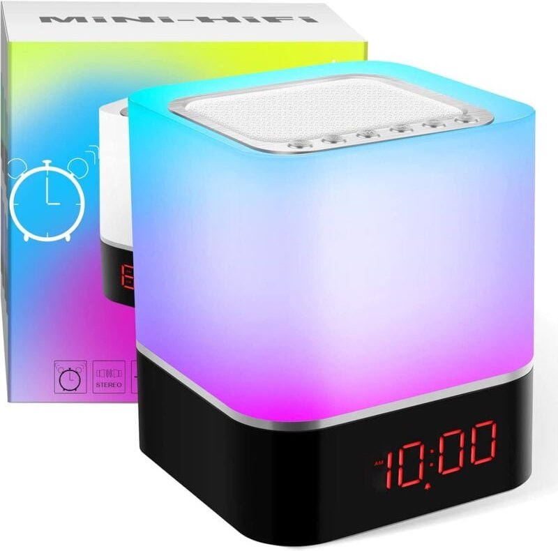 5-in-1-Bluetooth-Lautsprecher mit per Touch dimmbarer Nachttischlampe, Swonuk USBLED 7-Farben-Licht mit Wecker, Freispre...