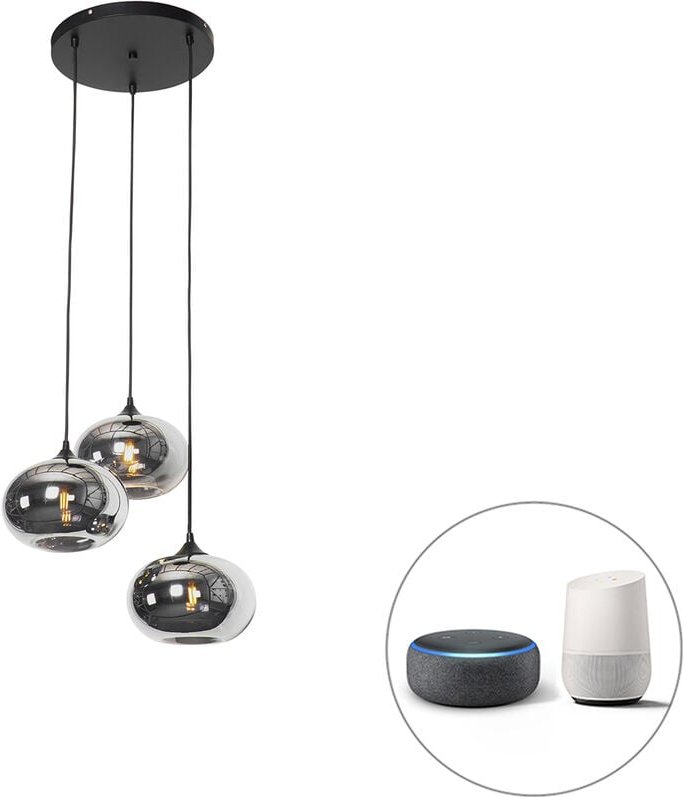 Smarte Hängelampe schwarz mit Rauchglas inkl. 3 WiFi P45 - Busa