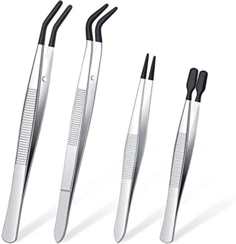 Set mit 4 Pinzetten mit Gummispitzen, PVC-beschichtet, feine, flache Spitze