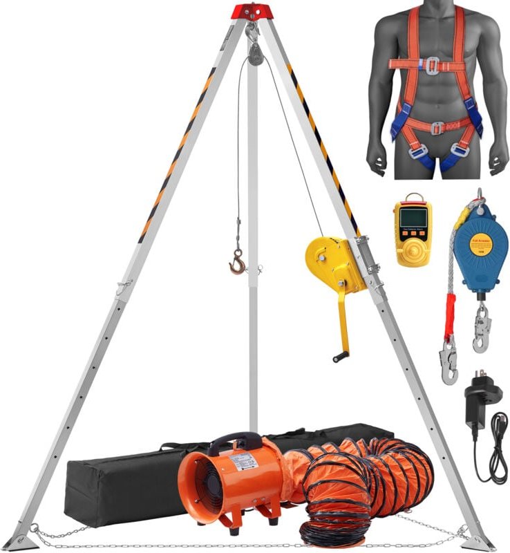 Stativsatz für beengte Räume, 2600 lbs Winde, 8' Beine, 98' Kabel, Absturzsicherungsgurt und Gebläse, 32,8' Rettungssyst...