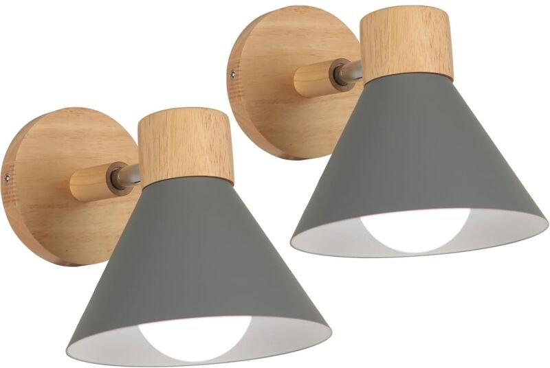 2er Wandleuchten Moderne Innen Wandlampe Holz Metall E27 Drehbarer für Schlafzimmer Wohnzimmer Flur Cafét - Ø18cm Grau