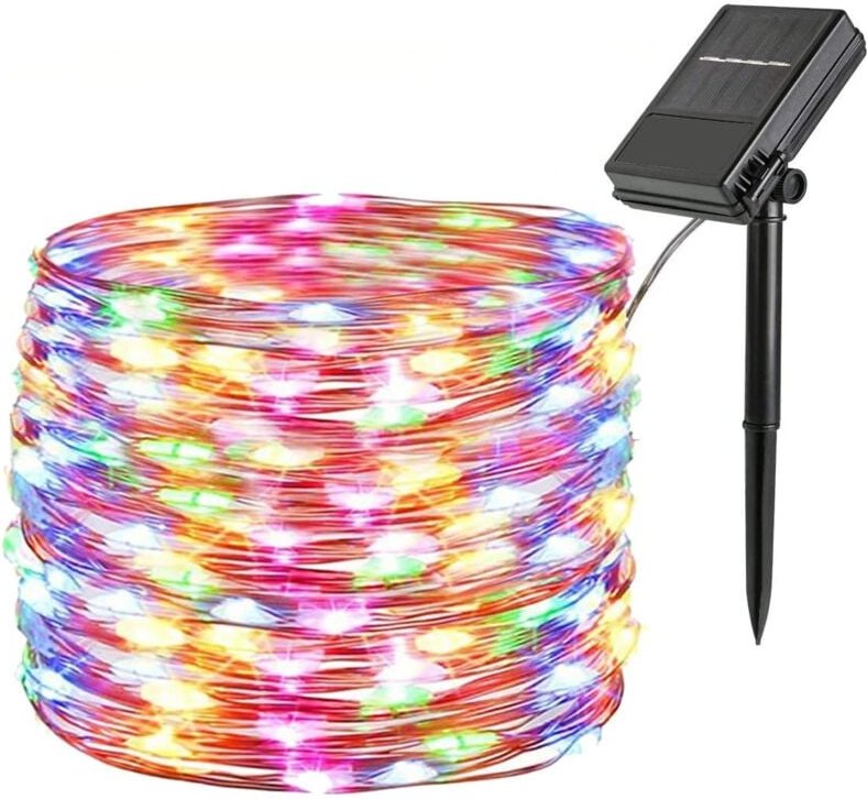 Weihnachtsbeleuchtung, 12 m, 100 LEDs, rgb, 8 Modi, wasserdicht IP45, Batterie/Solarpanel, mehrfarbig