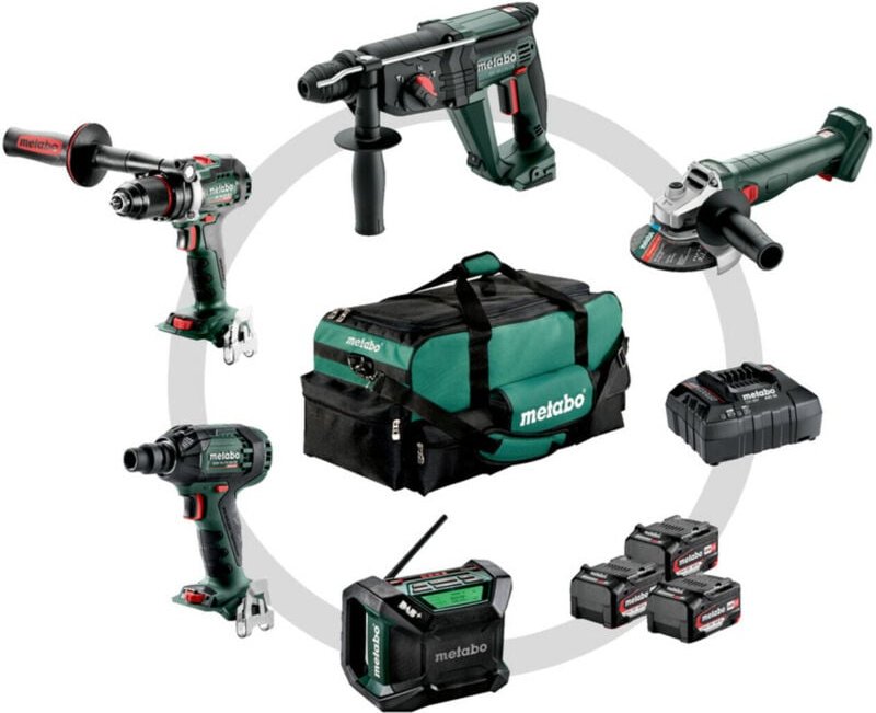 Metabo - Akku Combo Set Bauhandwerk 5.2, bs 18 ltx bl + kh 18 ltx 24 + w 18 l 9-125 Quick + ssw 18 ltx 300 bl + r 12-18 ...