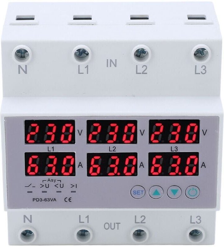 3-Phasen-DIN-Schienen-Voltmeter, Amperemeter, automatischer Überspannungs- und Überstromschutz, ac 390–500 v, 63 a