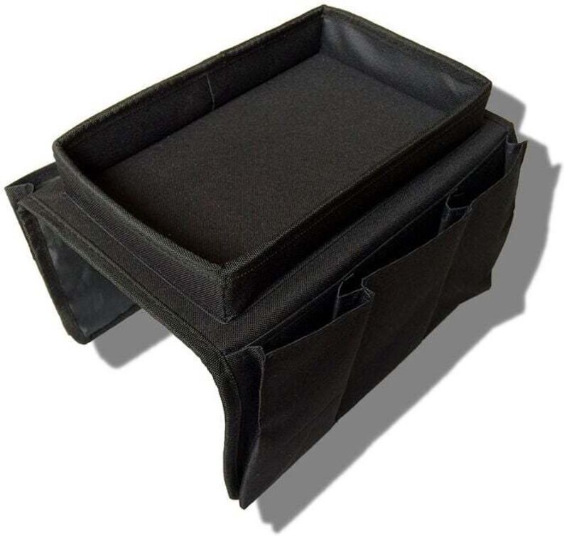 Sofa-Armlehnen-Organizer, Aufbewahrungsstreifen, Tablett mit mehreren Taschen, für Telefon, Zeitschriften, Snacks, Gläse...