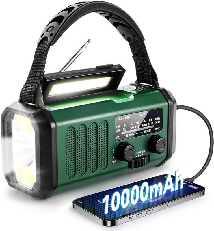 Batterie-, Kurbel- oder Solarradio Wetterradio tragbarer 10.000-mAh-Akku Kurbelradio (AM/FM) USB-Ladegerät Taschenlampe ...
