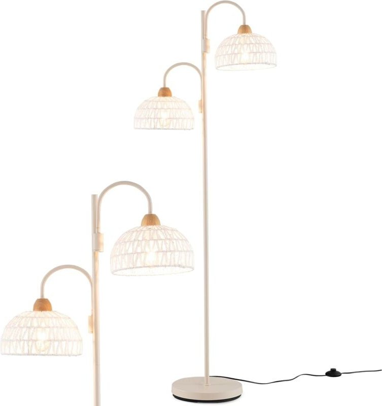Stehlampe Wohnzimmer, Stehleuchte mit 2 Lampenschirmen aus geflochtenem Hanfseil, 350° drehbare Standleuchte mit Fußscha...