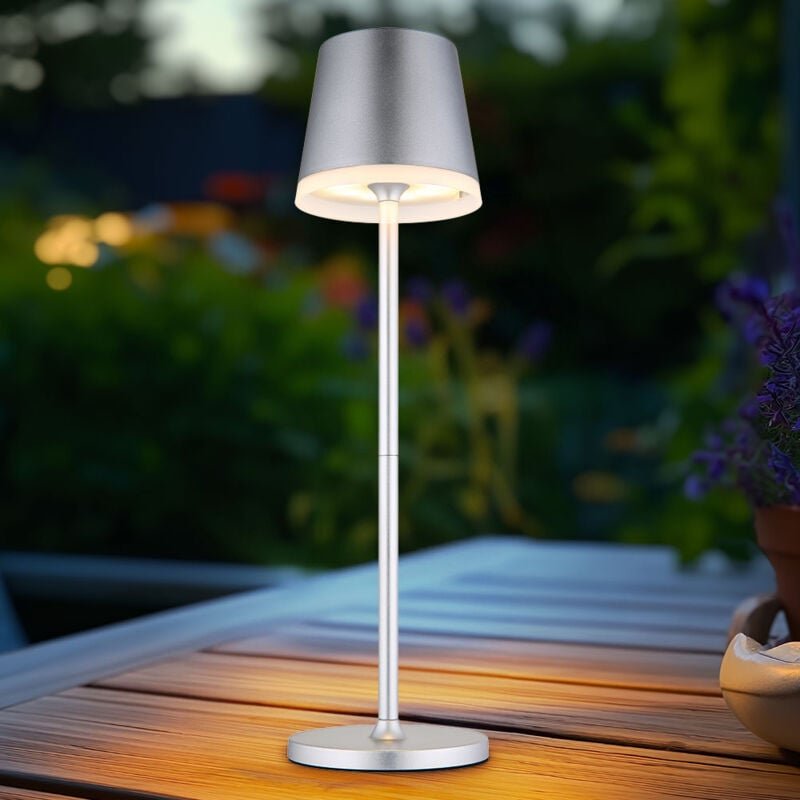 Solarleuchte led Tischlampe Außenleuchte silber Akku Gartenleuchte Terrassenlampe, Metall Kunststoff satiniert, spritzwa...