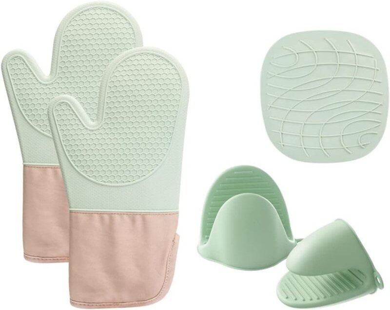Thumbnail - Ofenhandschuhe, Silikon-Küchenhandschuhe, hitzebeständige und rutschfeste Grillhandschuhe, Baumwollfutter, Ofenhandschuh...
