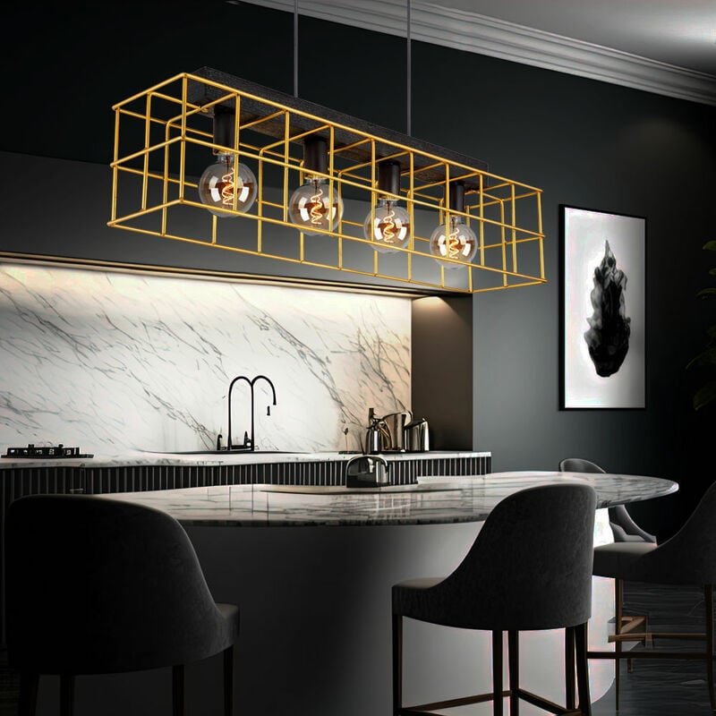 Pendelleuchte Hängelampe Holz Esstischleuchte 4-flammig Industrial Käfiglampe Gitter Gold, Metall, schwarz, 4x E27 Fassu...