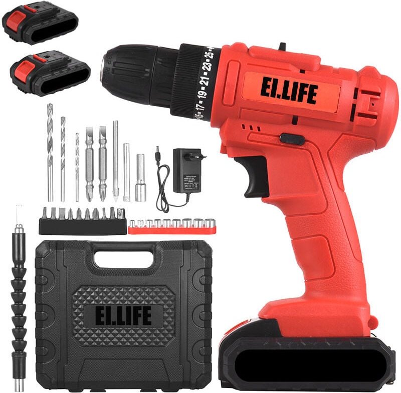 21V Akku-Bohrschrauber, Schraubendreher mit 2 Akkus, 30Nm Schlagkraft, 25+1 Drehmomenteinstellungen, 2 Geschwindigkeiten...